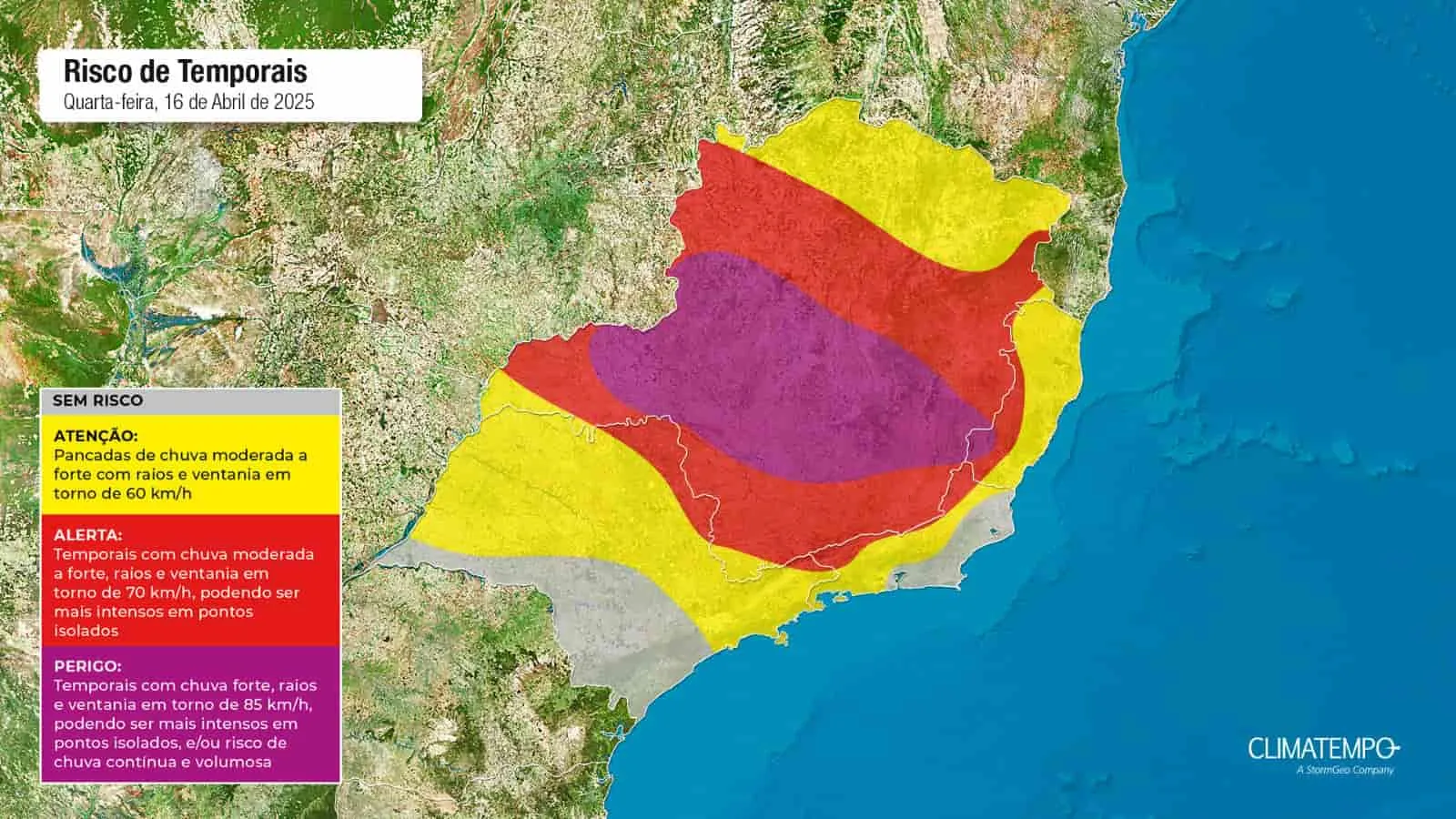 O mapa mostra as áreas em alerta para chuva intensa no Sudeste